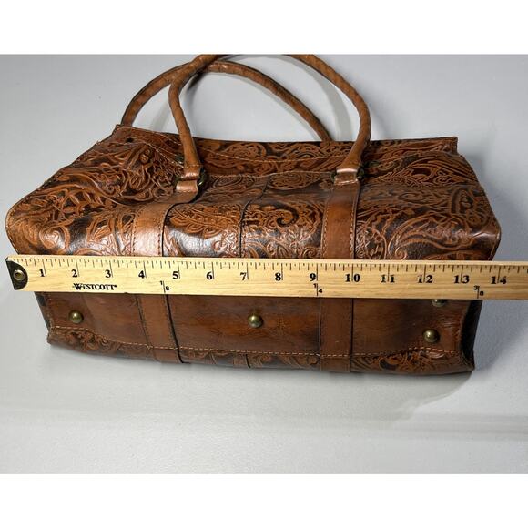 Patricia Nash Tooled Embossed Leather Vienna Satchel Handbag Brown Tote Bag - Picture 14 of 16